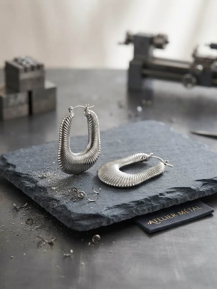 Architectural Ridged U-Shape Hoop Earrings