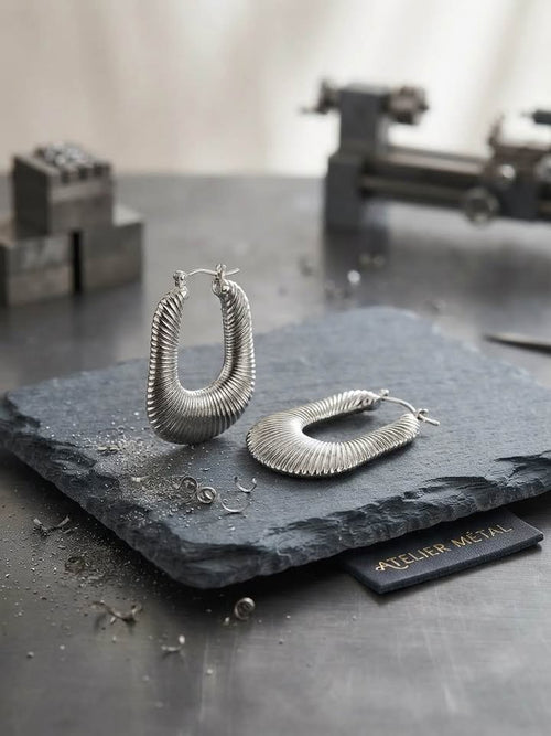 Architectural Ridged U-Shape Hoop Earrings