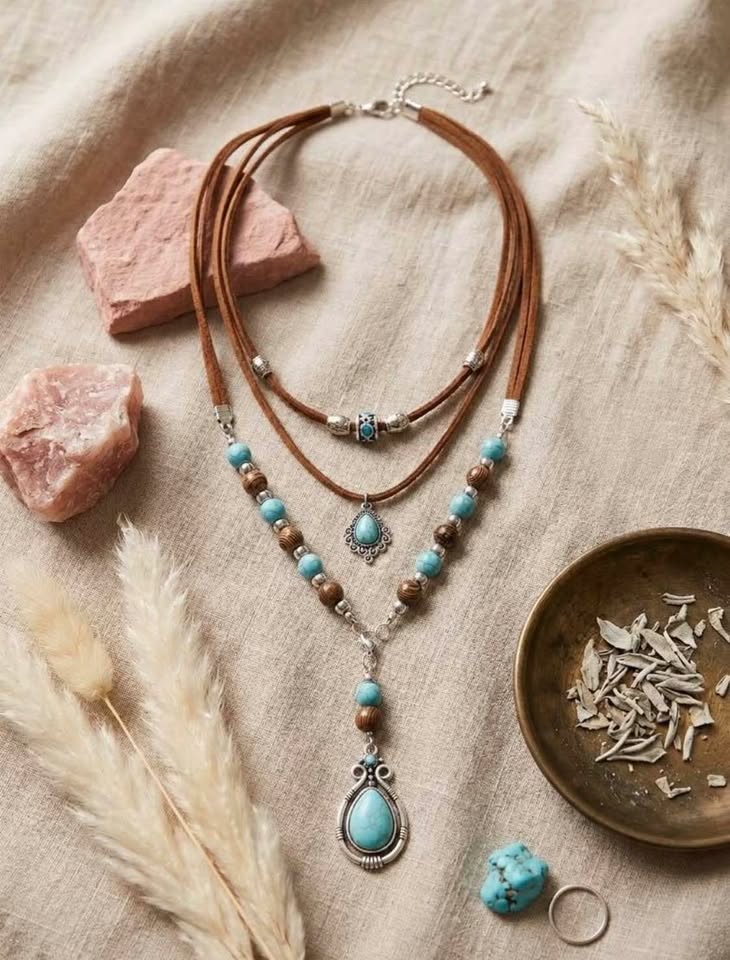 Bohemian Layered Faux Turquoise and Suede Necklace