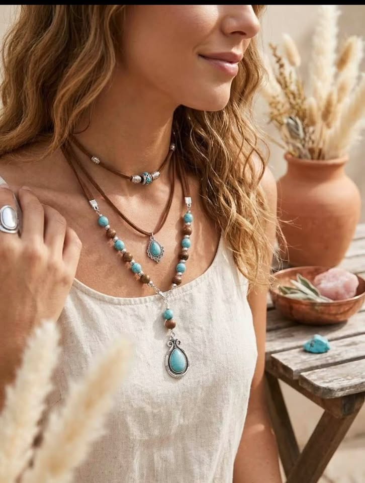 Bohemian Layered Faux Turquoise and Suede Necklace