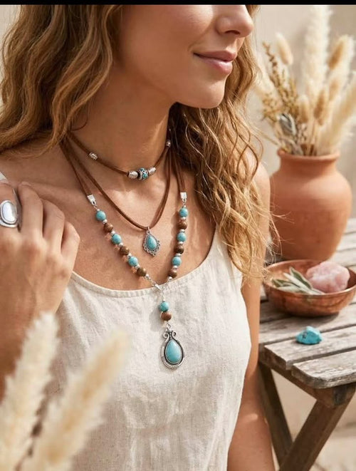 Bohemian Layered Faux Turquoise and Suede Necklace