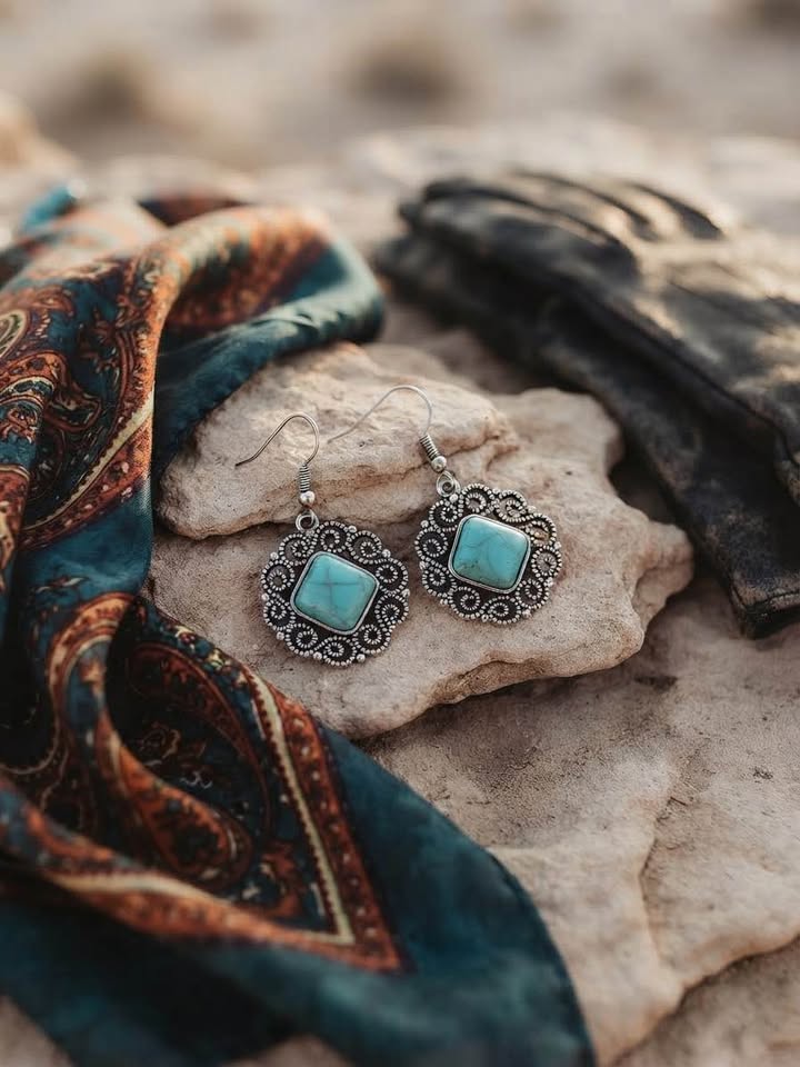 Bohemian Diamond Shape Turquoise Silver-Tone Drop Earrings