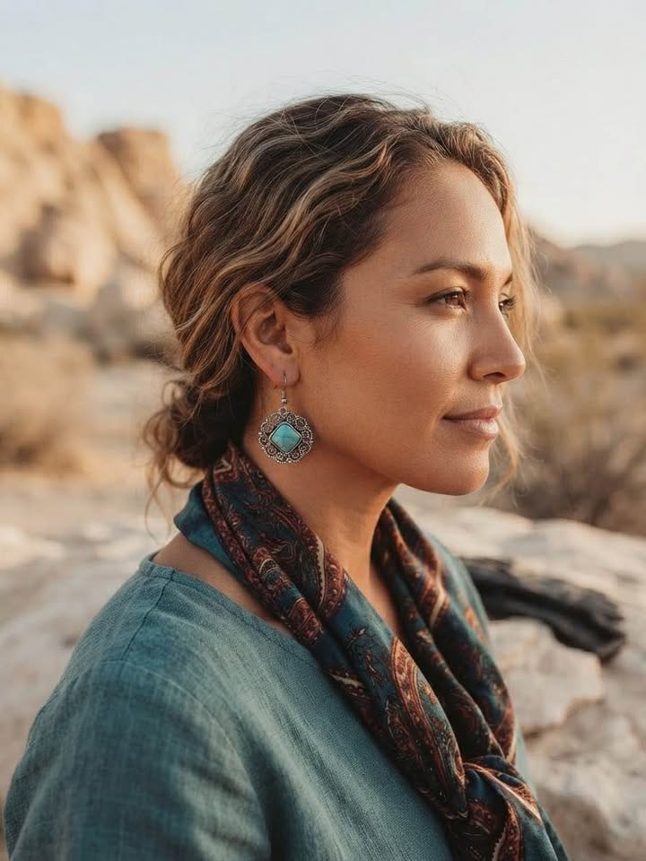 Bohemian Diamond Shape Turquoise Silver-Tone Drop Earrings