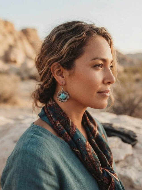 Bohemian Diamond Shape Turquoise Silver-Tone Drop Earrings