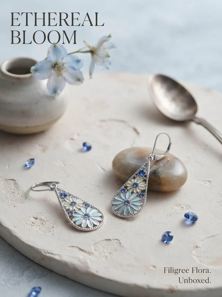 Boho Enamel Daisy & Crystal Teardrop Dangle Earrings