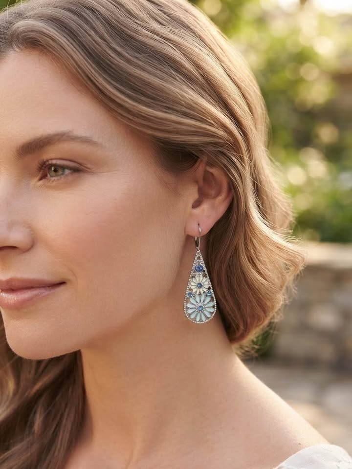 Boho Enamel Daisy & Crystal Teardrop Dangle Earrings