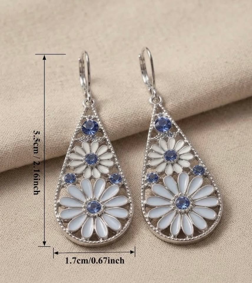 Boho Enamel Daisy & Crystal Teardrop Dangle Earrings