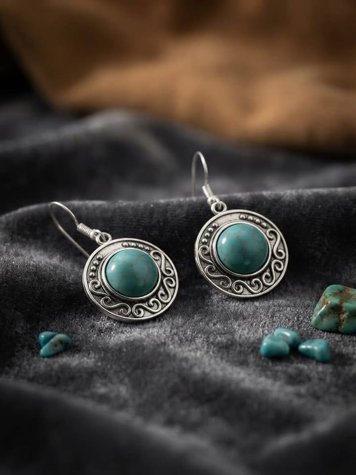 Boho Round Scroll Frame Turquoise-Color Dangle Earrings