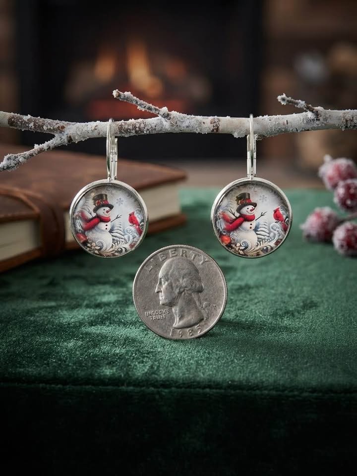 Festive Winter Snowman & Cardinal Glass Earrings