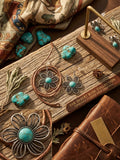 Boho Southwestern Daisy Turquoise Silver-Tone Earrings