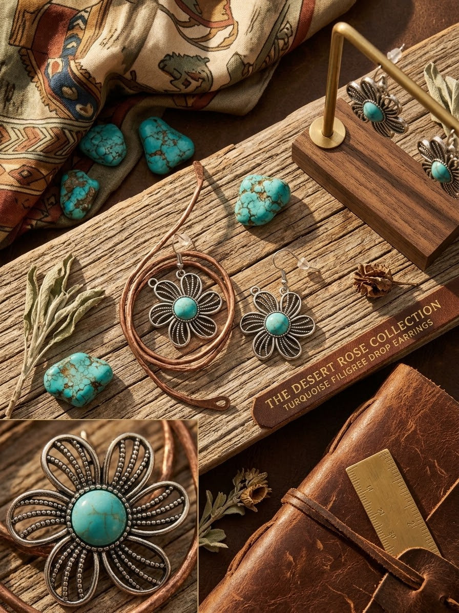 Boho Southwestern Daisy Turquoise Silver-Tone Earrings