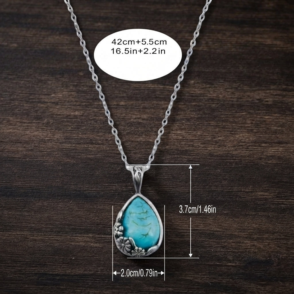 Teardrop Faux Turquoise Flower Filigree Pendant Necklace
