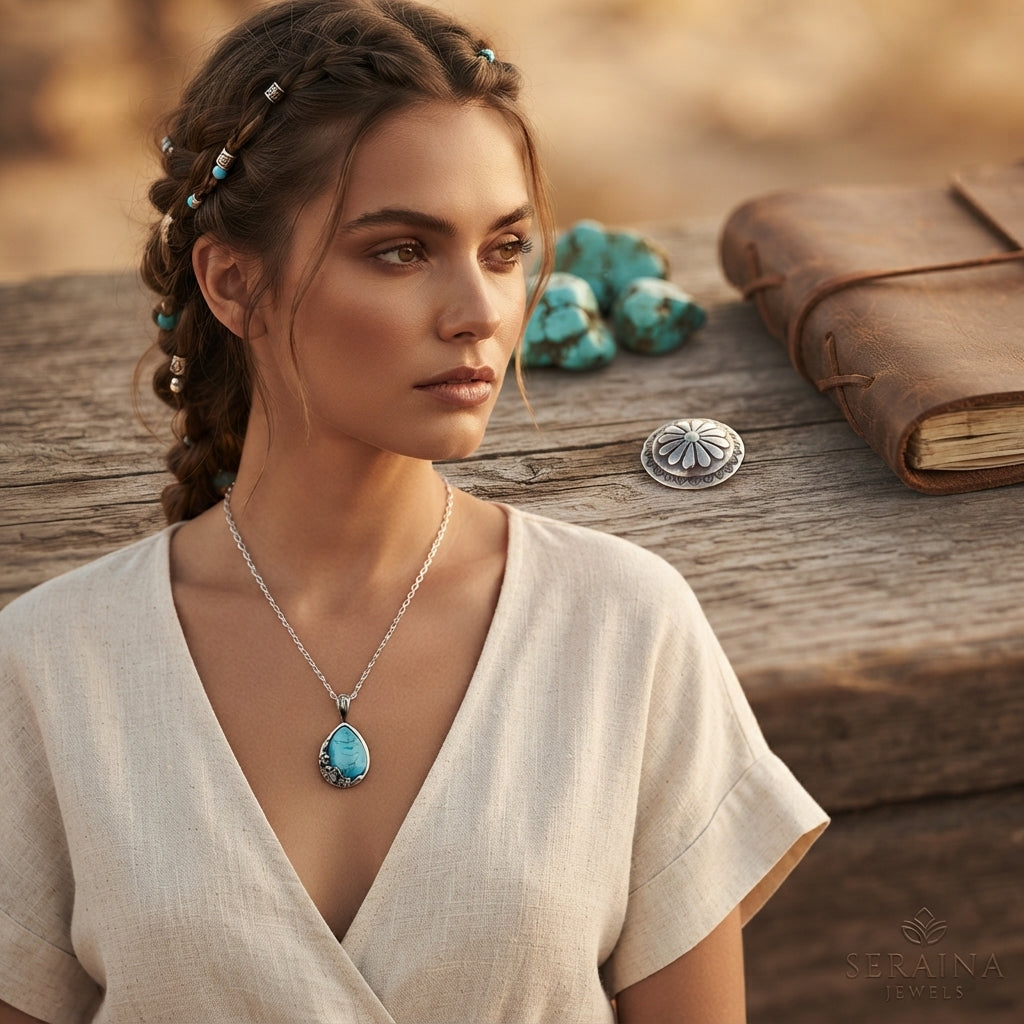 Teardrop Faux Turquoise Flower Filigree Pendant Necklace