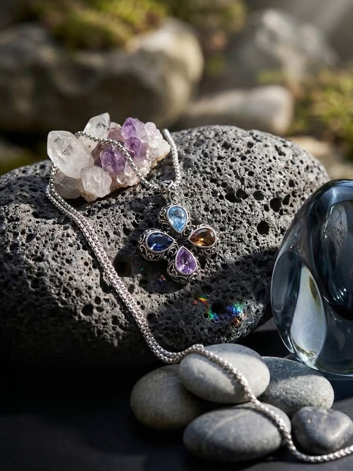 Ornate Silver-Tone Crystal Pendant Necklace