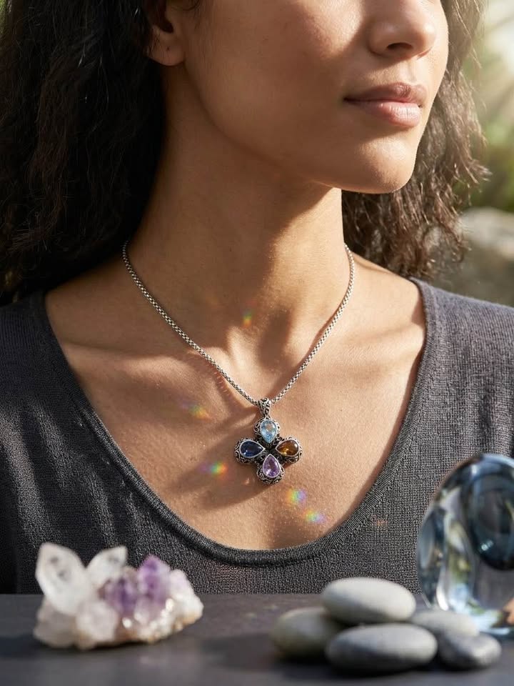 Ornate Silver-Tone Crystal Pendant Necklace