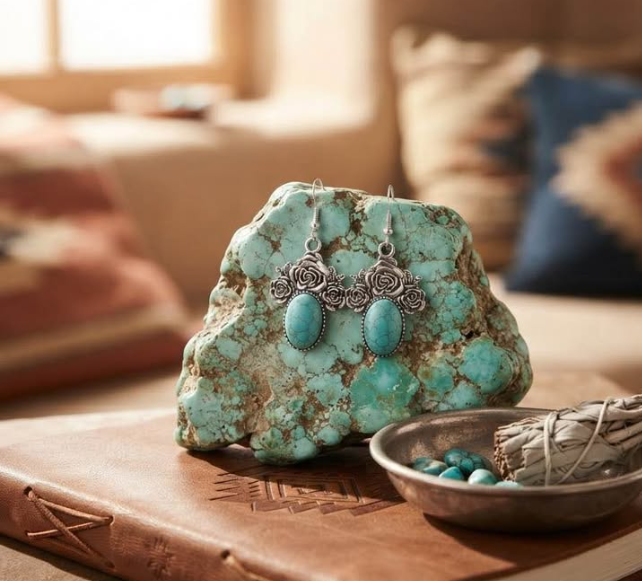 Boho Southwestern Rose Turquoise Silver-Tone Earrings