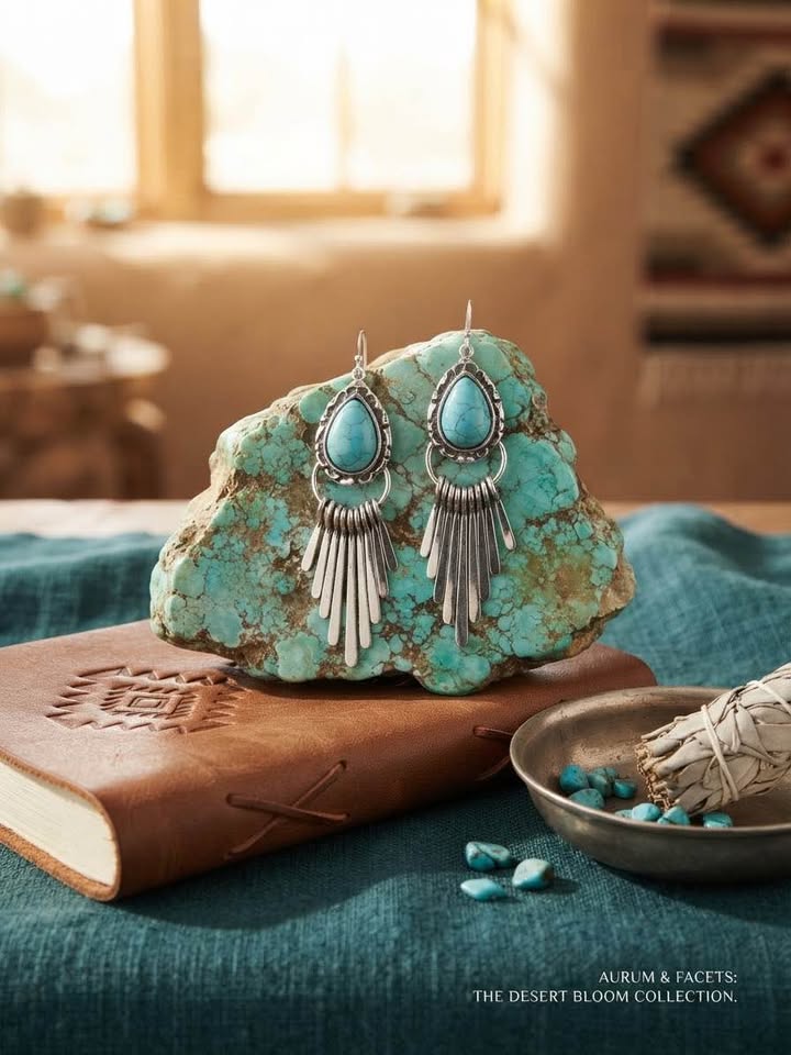 Southwestern Turquoise-Style & Silver Fringe Teardrop Earrings