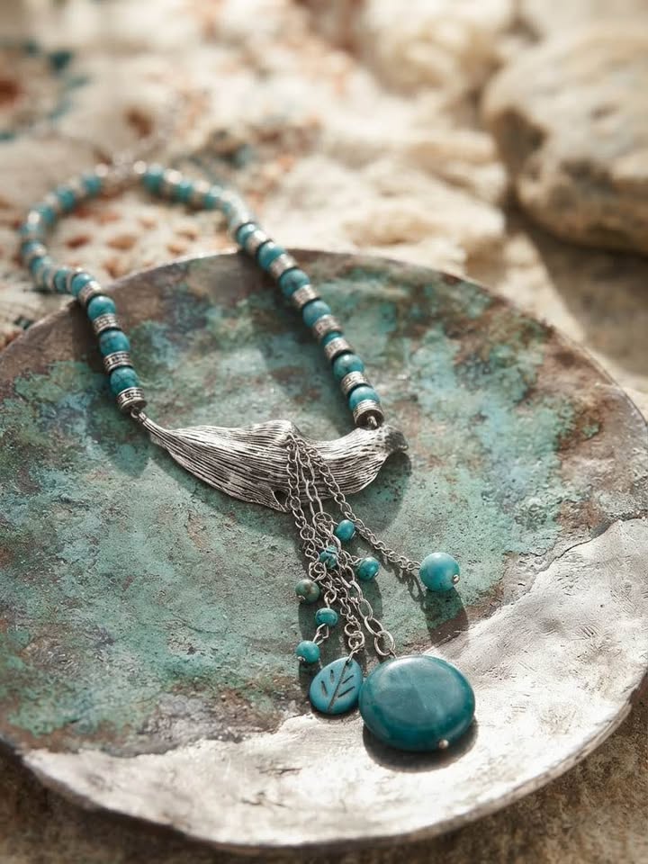 Boho Turquoise Style Feather & Dangle Statement Necklance