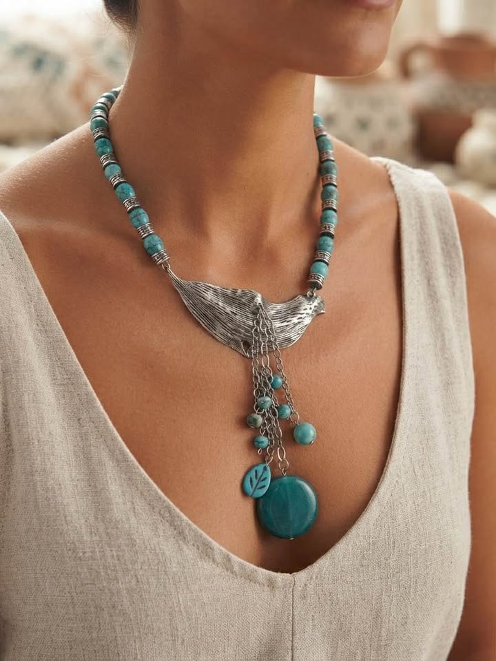 Boho Turquoise Style Feather & Dangle Statement Necklance