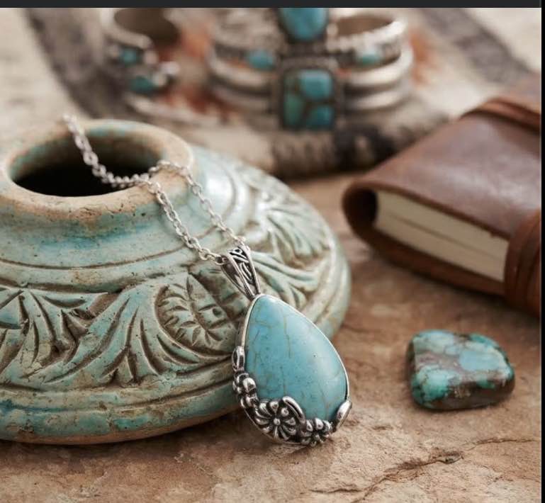 Teardrop Faux Turquoise Flower Filigree Pendant Necklace