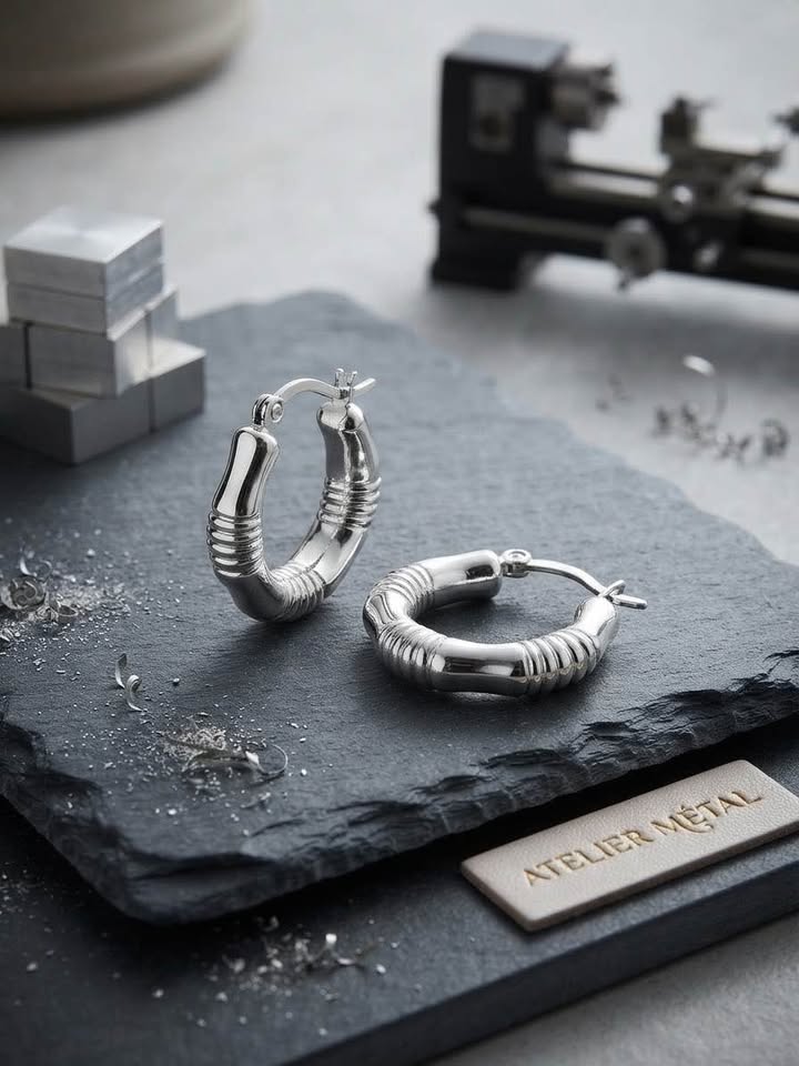 Textured Ribbed Stainless Steel Hoop Earring