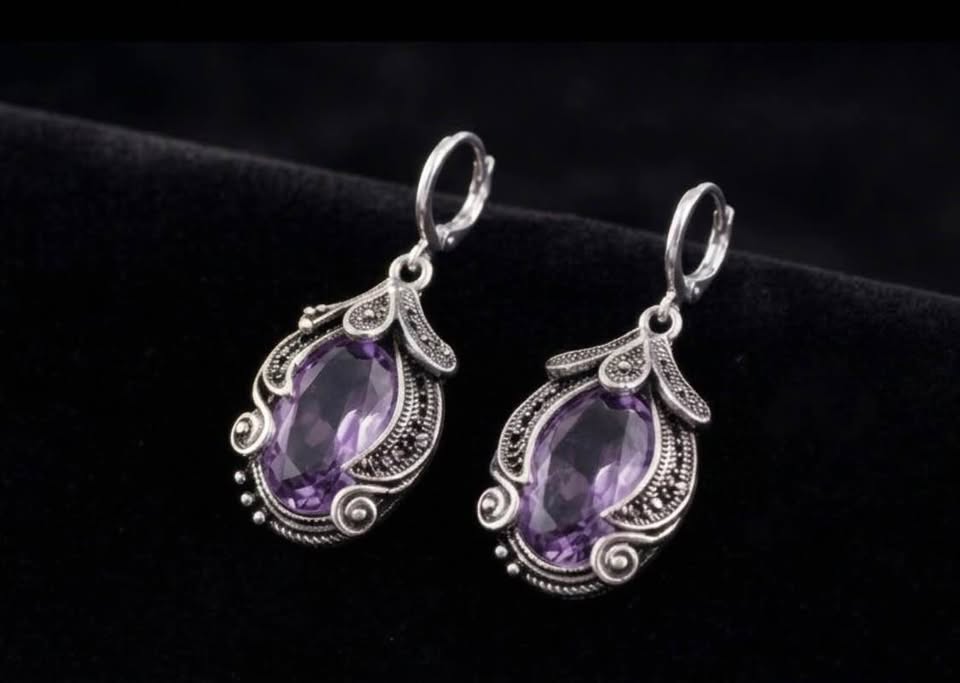 Vintage Style Purple Oval Dangle Earrings