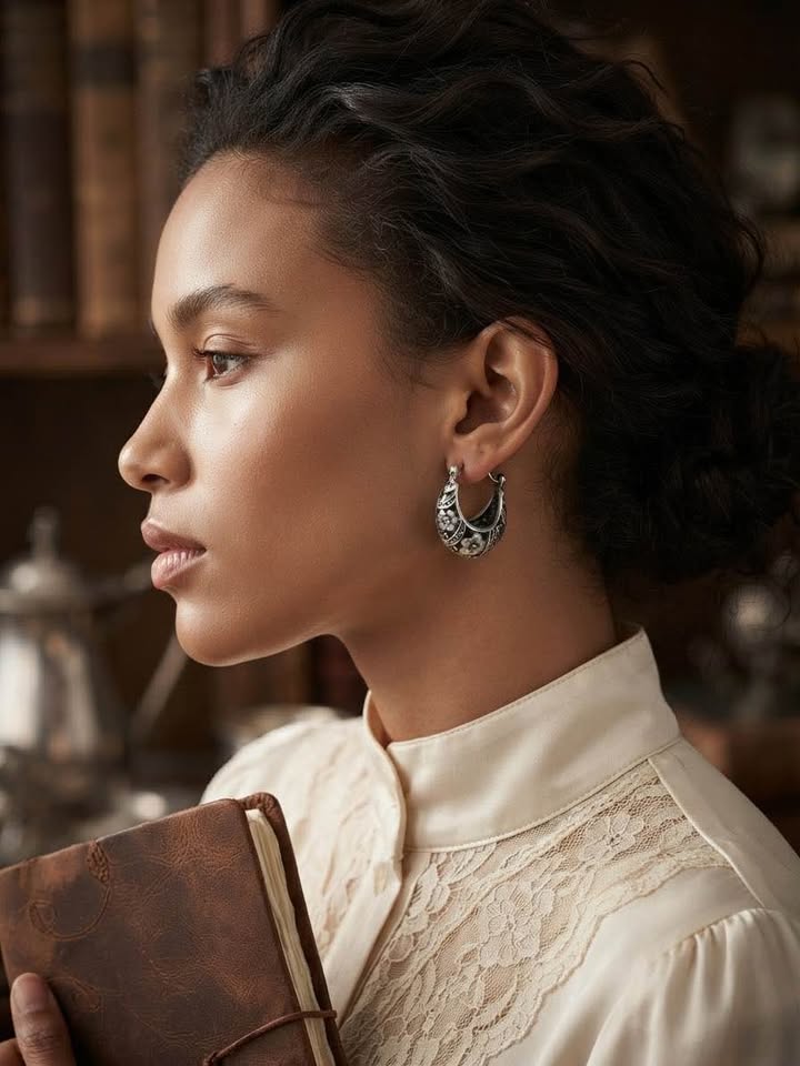 Vintage style ornate floral brass bronze hoop earrings