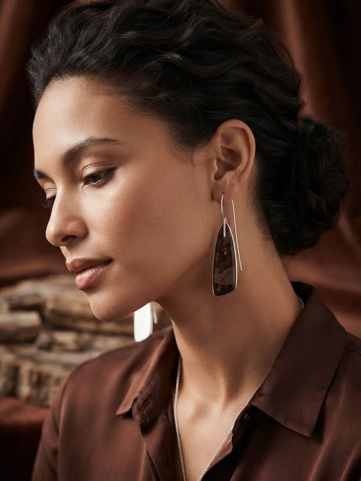 Modern Geometric Elongated Stone Inlay Dangle Earrings